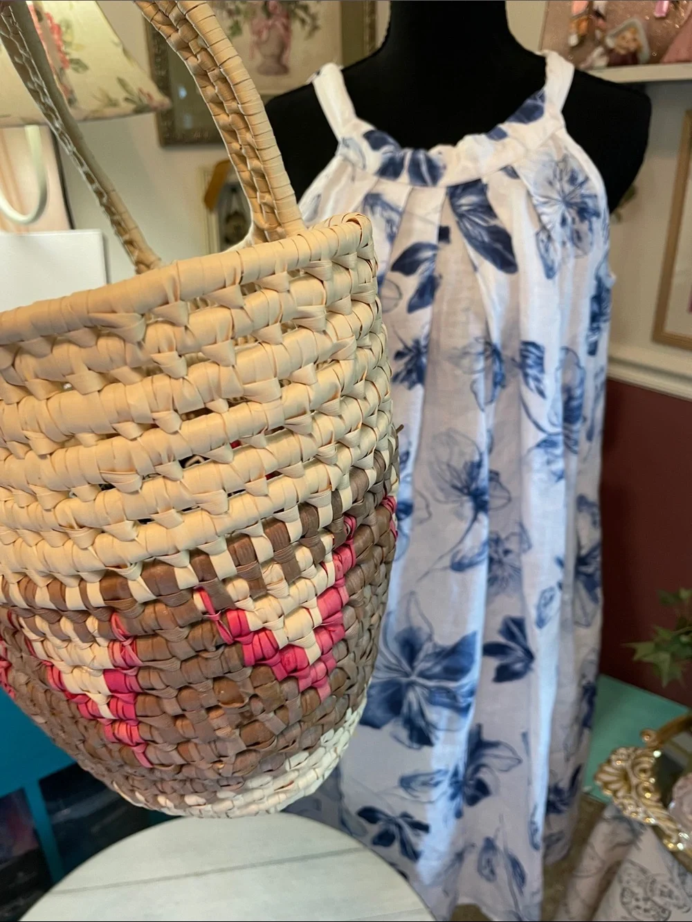 Woven Straw Tote Bag with Pink Accent and scarf